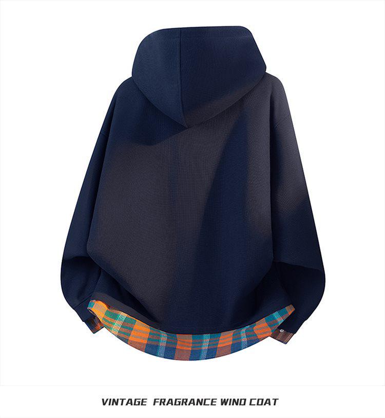 Unisex Plaid Patchwork V-Neck Hooded Sweatshirt