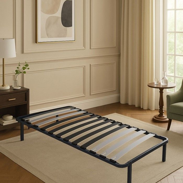 Patrick - Solid and Comfortable Bed Base Frame with Slats Feet 90x190 X 29 Cm In Metal - 9 Wide Slats of 12.5 Cm
