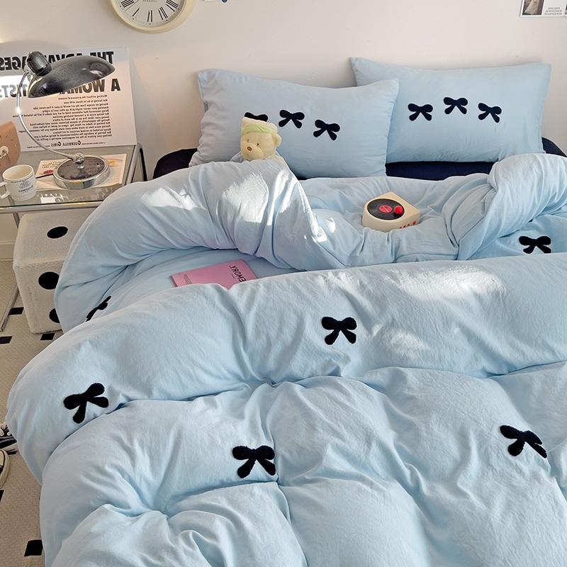 Black Bow Embroidery Duvet Cover 3 Pieces Set Girl Adult Bedroom Pink Decor Quilt Cover Solid Color Bedding with 2 Pillowcases