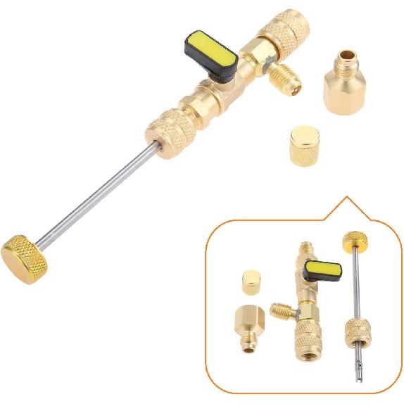 R410A R22 Valve Core Remover Installer Tool | with Dual Size SAE 1/4 & 5/16 Port & Brass Adapter, Valve Core Removal Tool for R410 R32 R22 R12 R407
