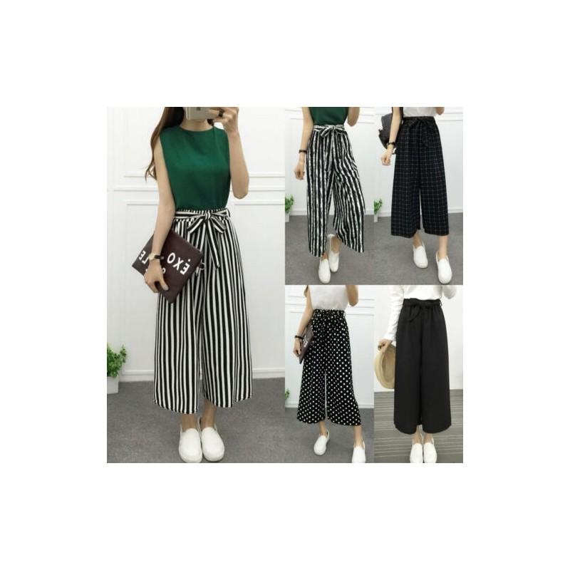 Women Wide Korean Leg High Waist Loose Baggy Casual Striped Crop Pants Trousers