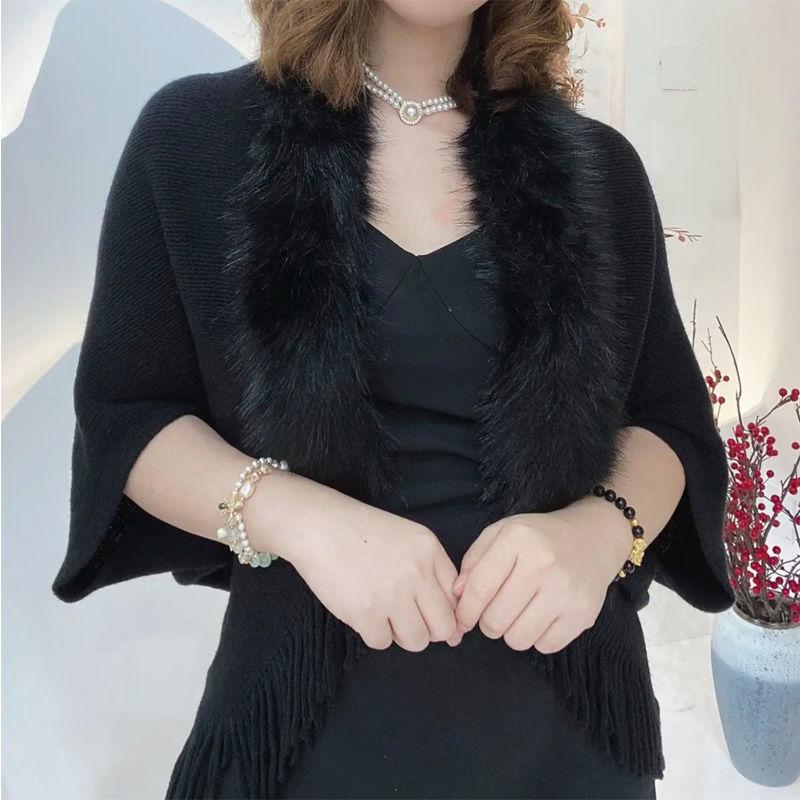 New Fashionable Fur Collar Thickened Warm Shawl Large Size Loose Knitted Cardigan Jacket Female