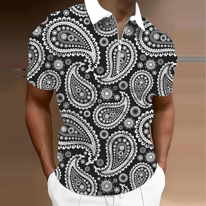 Мужская рубашка поло повседневная на молнии с коротким рукавом модная повседневная на молнии лето весна обычный крой рубашка с 3D ретро принтом