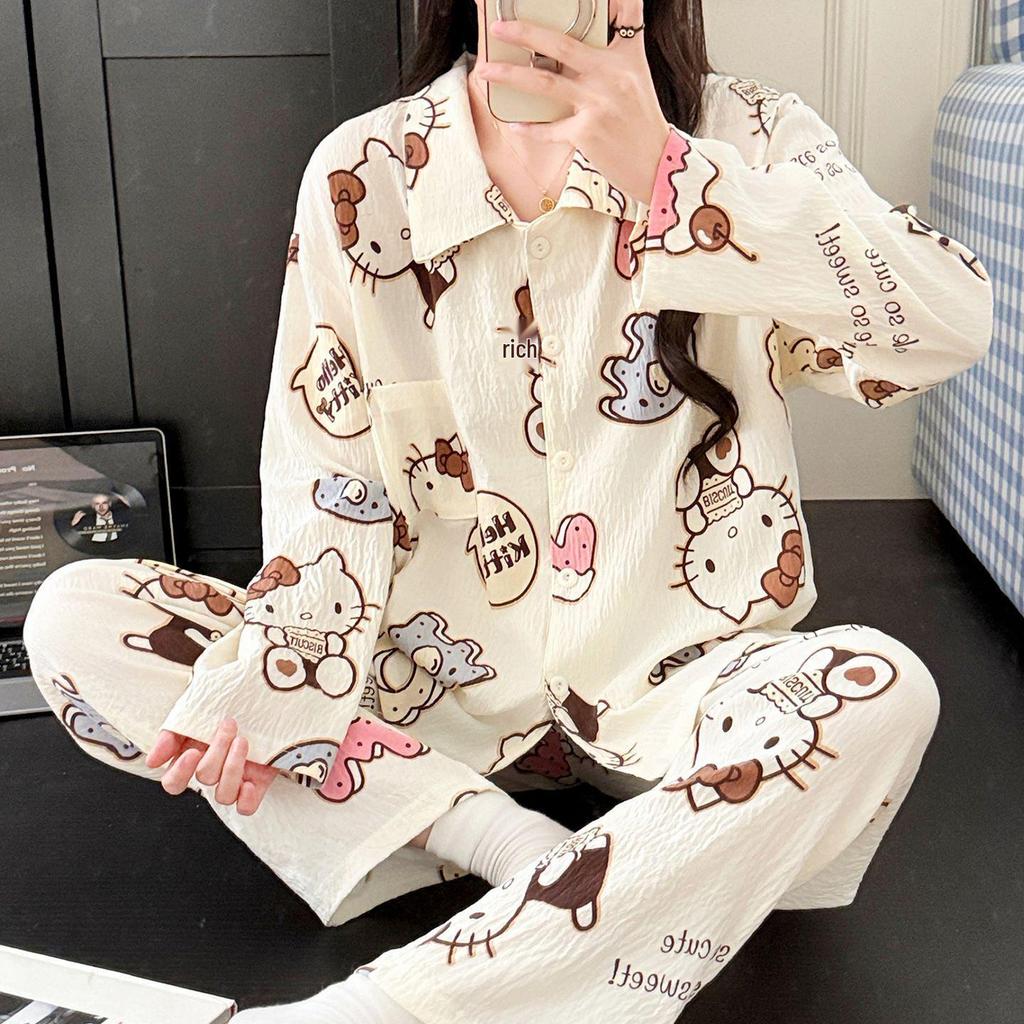 2025 Милый мультяшный женский пижамный комплект - Весенне-осенний кардиган с длинными рукавами и брюки