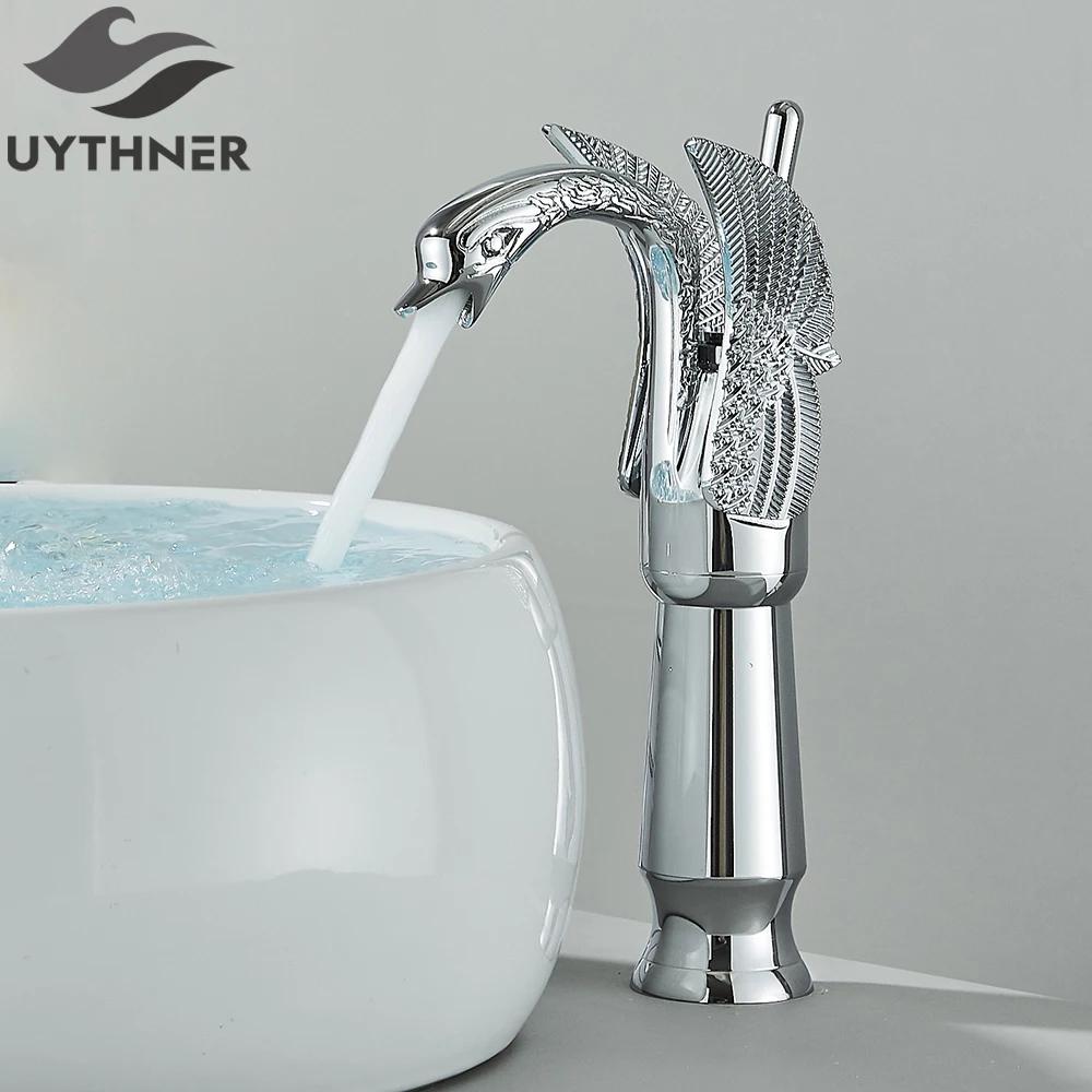 Uythner Luxury Swan Bath Basin Brass Faucet Cold and Hot Water Mixer Taps Black /Gold/Antique Bathroom Washbasin Crane