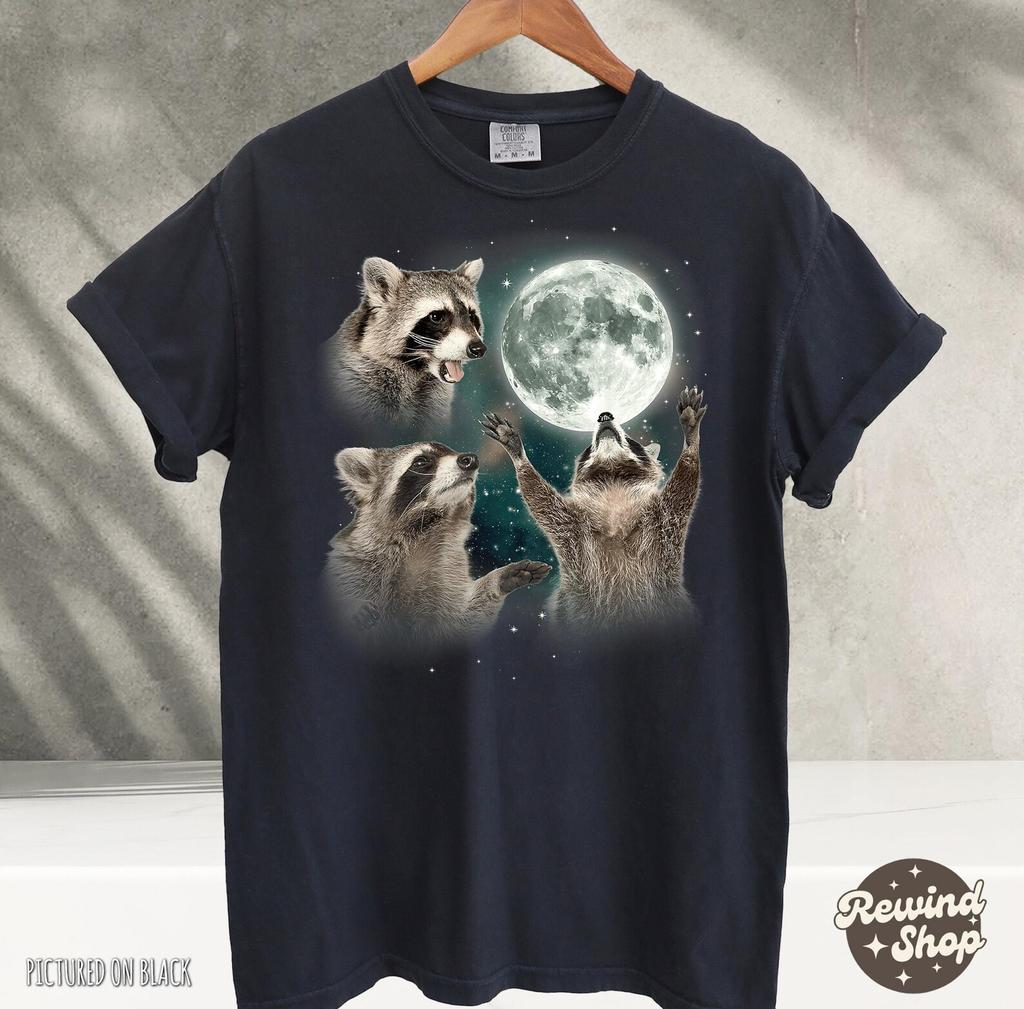 Three Raccoons Vintage Tshirt, Raccoon Graphic Tee, Vintage Raccoon Moon T shirt, Raccoon Lovers, Funny Raccoon Tee, Oversized Washed Tee
