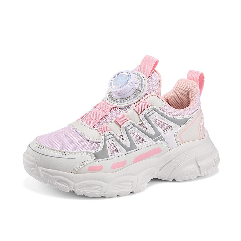 Girls' shoes 2025 autumn new mesh breathable rotating button children's sports shoes soft sole non-slip casual classmate
