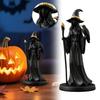 Black Gold Staff Witch Sculpture Halloween Witch Holding Scepter Statue Resin Witch