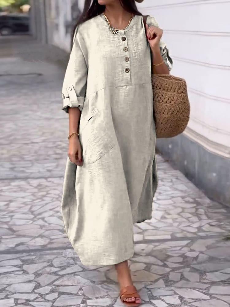 Casual Loose O Neck Pocket Women's Cotton Linen Dresses Spring Summer Solid Color Simple Female Vacation Dress
