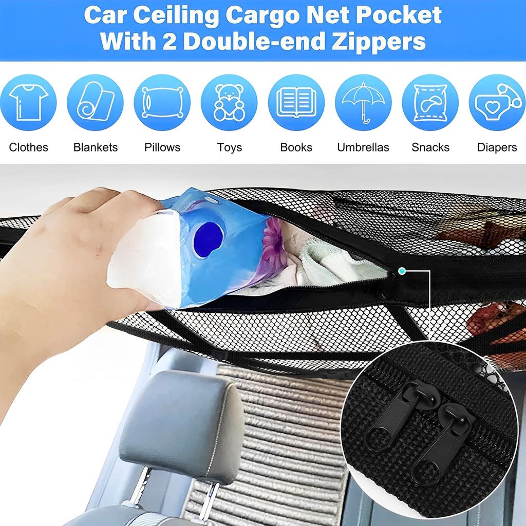 Car Ceiling Cargo Net ,SUV Trunk Storage Organizer Truck Netting for Cargo,Load Capacity Double-Layer Mesh Car Roof Camping