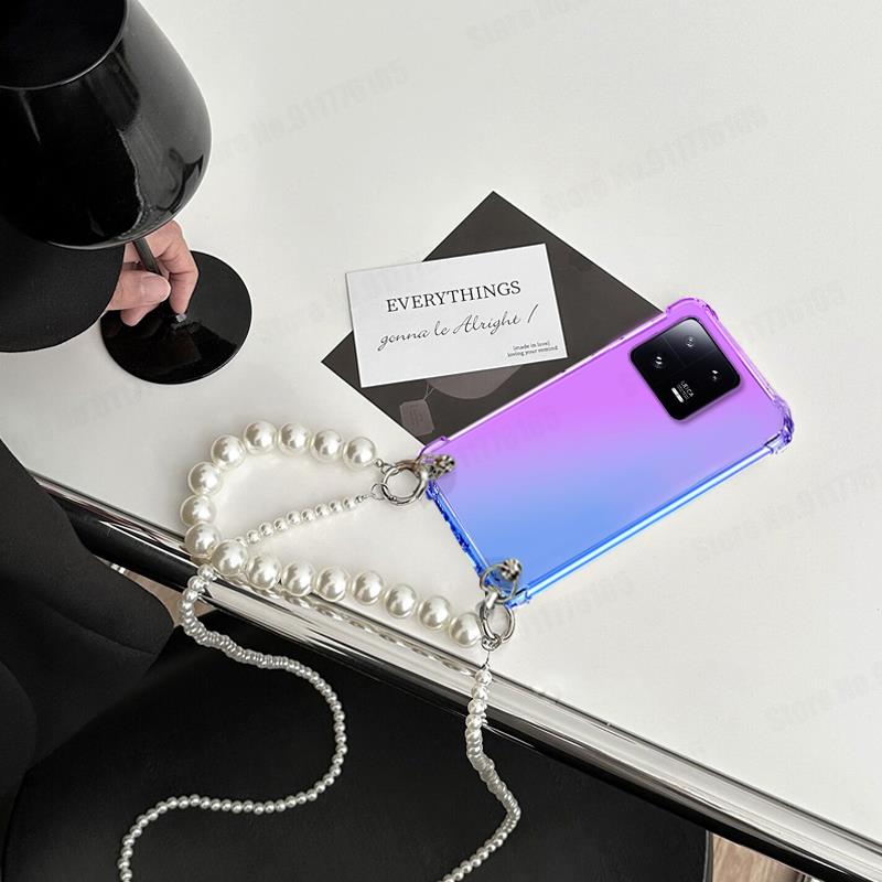 Чехол-ремешок для телефона с цепочкой из жемчуга через плечо для Xiaomi 14T Pro 14 CIVI 13T 14 13 Lite Ultra Redmi 14C Прозрачный градиентный противоударный силиконовый чехол
