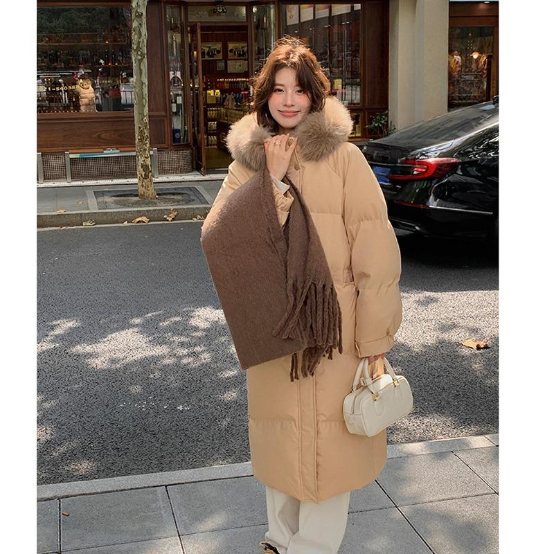 2024 New Hooded Thickened Mid-length Large Fur Collar Down Cotton Jacket Women's Thin Jacket Winter Hooded Puffer Jackets Outerwear Snow Wear Padded