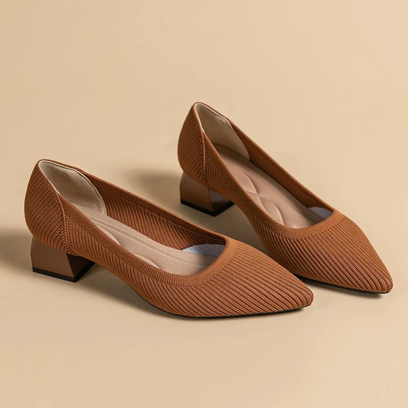 2025 Женские туфли с острым носком Весна/осень Модные трикотажные дышащие удобные рабочие туфли Нескользящие женские туфли-лодочки на резиновой подошве