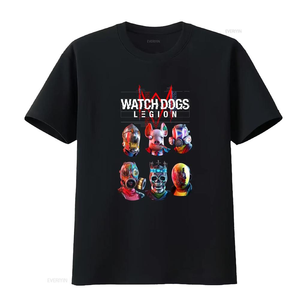 Watch Dogs Legion Взрослая футболка Шесть уникальных голов персонажей под статичным дизайном логотипа винтажная стирка Унисекс Универсальная Стильная