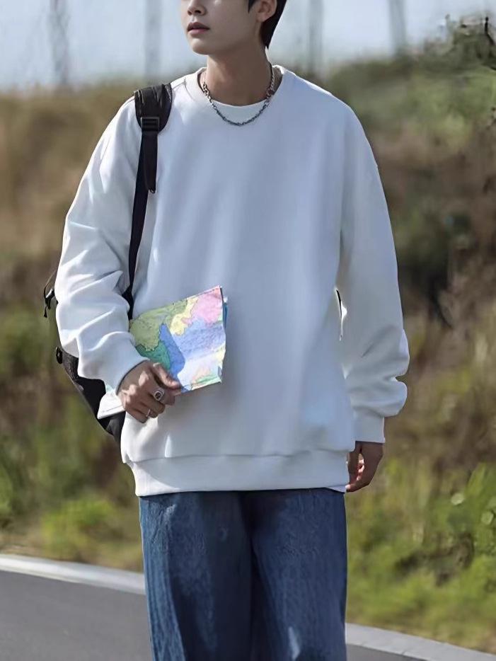 Men's Trendy Loose Round Neck Hoodie - Autumn/Winter, Long Sleeve, Plain Color, Versatile Design