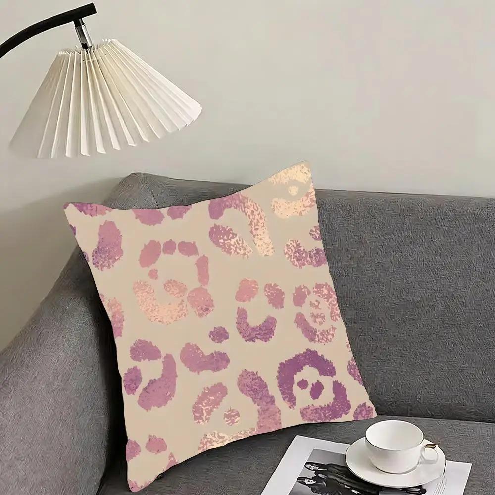 2D Flat Printed Leopard Print Pink Rose Peach Skin Cushion Cover Floral Animal Pillowcase For Sofa Living Room Bed Home Decor