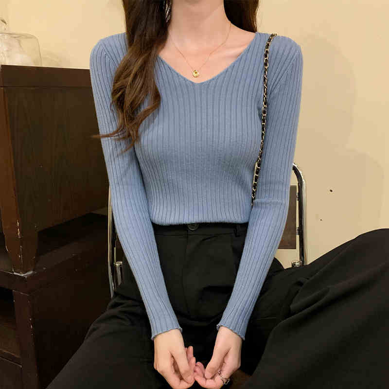 Осень и зима Новые облегающие свитера с V-образным вырезом, женские свитера с длинным рукавом, вязаные свитера для женщин, модные однотонные повседневные трикотажные джемперы 25671