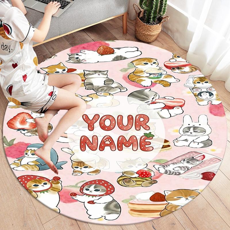 Bee Strawberry Cats Custom Name Round Area Rug Carpet Rug For Living Room Bedroom Sofa Playroom Decor Nonslip Floor Mat