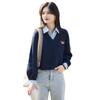 [Sayla] Tops Pullover Long Sleeve Jacket Ladies Switching Fake Layered Stripe Shirt Thick Polo Shirt Folded Collar Fashionable Sweater Beautiful