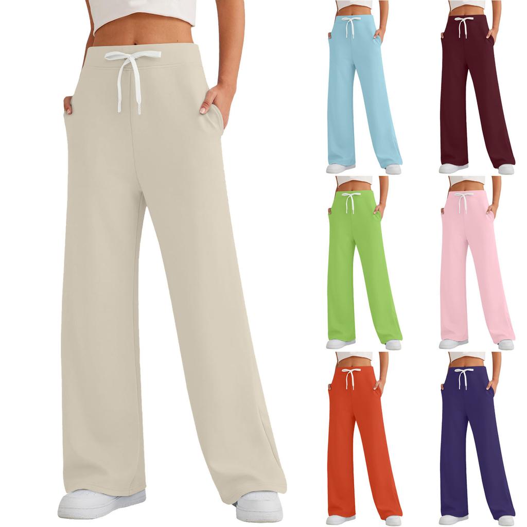 Женские спортивные брюки для фитнеса, повседневные свободные брюки с высокой талией, спортивные брюки на шнурке, женские прямые брюки с широкими штанинами, повседневные брюки, брюки для йоги