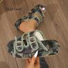 Fashion Camouflage Green Canvas Slide Sandals Woman Chic Fringed Design Buckle Strap Slippers Ladies Cow Print Thick Sole Mule Shoes