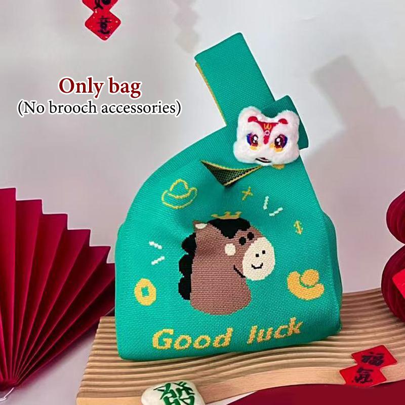 2026 Новогодний Мультяшный Талисман Пони Вязаный Подарочный Мешок Ручной Мешок для Конфет Большая Вместимость Мешок на Завязках на Запястье Милые Многоразовые Сумки для Покупок