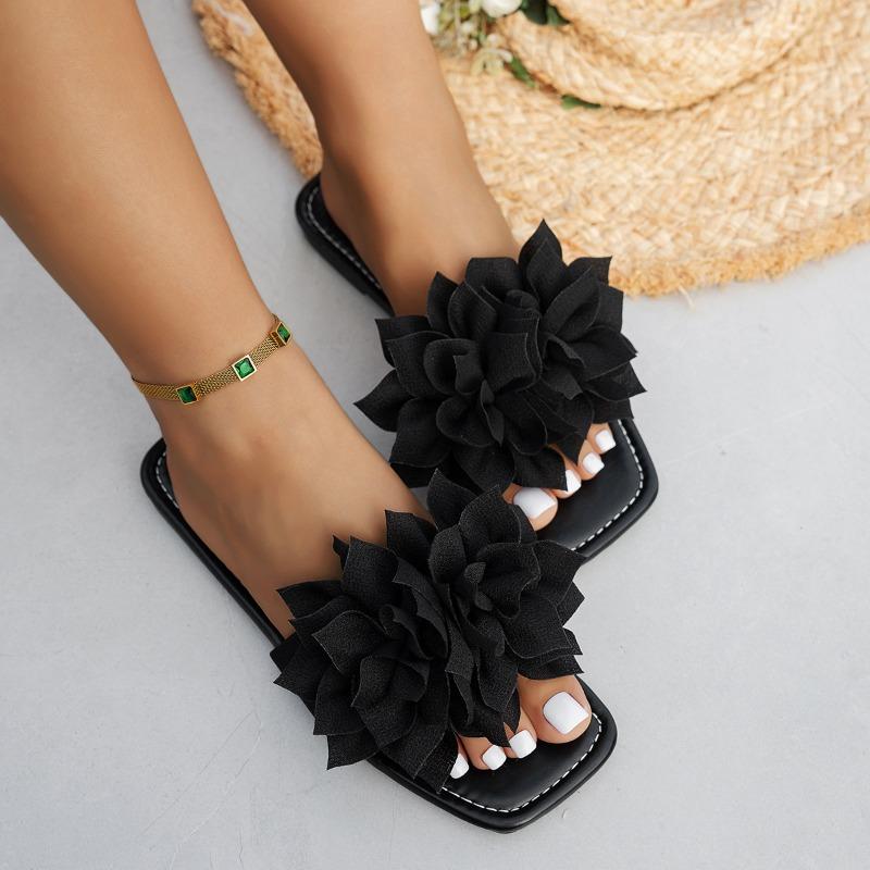 Повседневные шлепанцы на плоской подошве с квадратным носком, женские, с цветочным декором, для ленивых, на один педаль, с открытым носком, шлепанцы на один ремешок, пляжные, повседневные женские сандалии