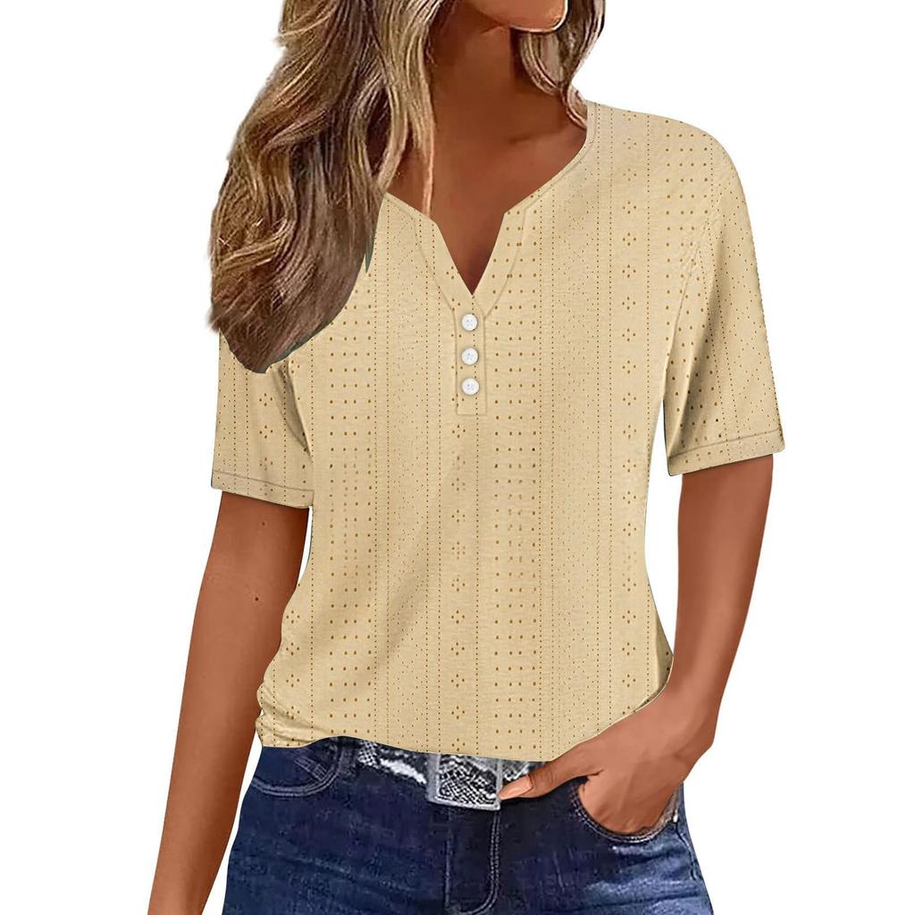 Women's T Shirt Tee Casual V-neck Short-sleeved T-shirt Solid Button Top