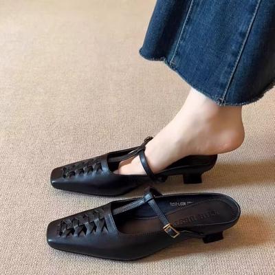 Модная женская обувь 2025 Лето Новая мода Ажурная Мэри Джейн Винтажная Дышащая Мягкая подошва Ремешок с пряжкой Женские Балетки с квадратным носком