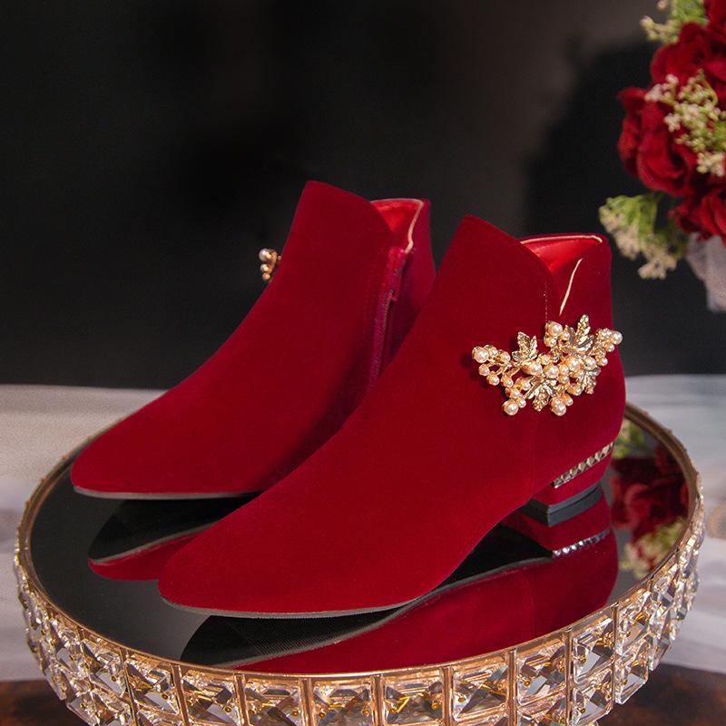 Ботильоны невесты осень-зима 2025 новые бордовые праздничные свадебные ботильоны со стразами и бахромой на толстом каблуке, не утомляющие ноги, модные ботильоны