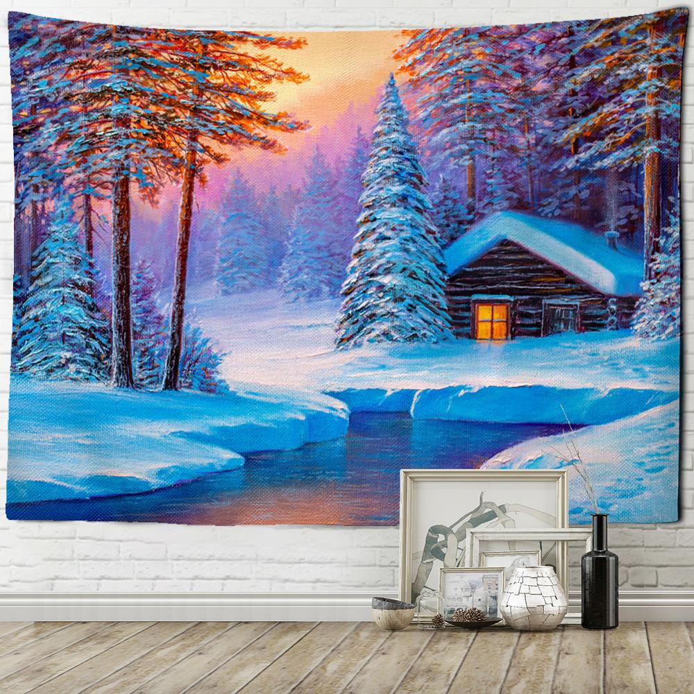 Рождественская елка Снежная сцена картина маслом гобелен настенный богемный стиль хиппи психоделический колдовство комната домашний декор