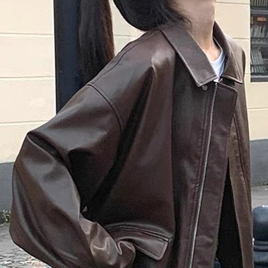 Женская куртка из искусственной кожи с гладкой поверхностью, отложным воротником, застежкой-молнией, длинными рукавами, эластичными карманами по низу, ретро-мотоциклетное пальто