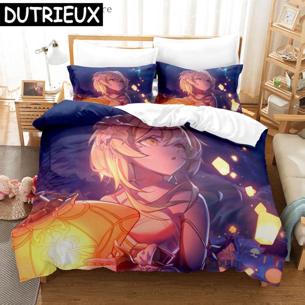 Аниме Genshin Impact Люмин Пододеяльник Мультяшная Девушка Постельное Белье Комплекты Полуторный Двуспальный Комплект для Домашнего Текстиля