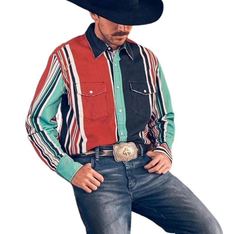 Men's Retro Western Striped Shirt Casual Short Sleeve Button-Up Cowboy Style Shirt