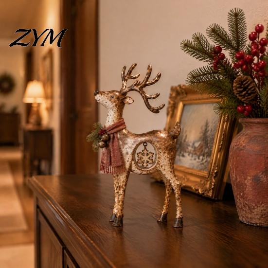 Farmhouse Christmas Home Decorations Rustic Reindeer Figurine, Resin Statue with Hanging Snowflake, Red Country Tabletop Centerpieces Scarf And Bell,