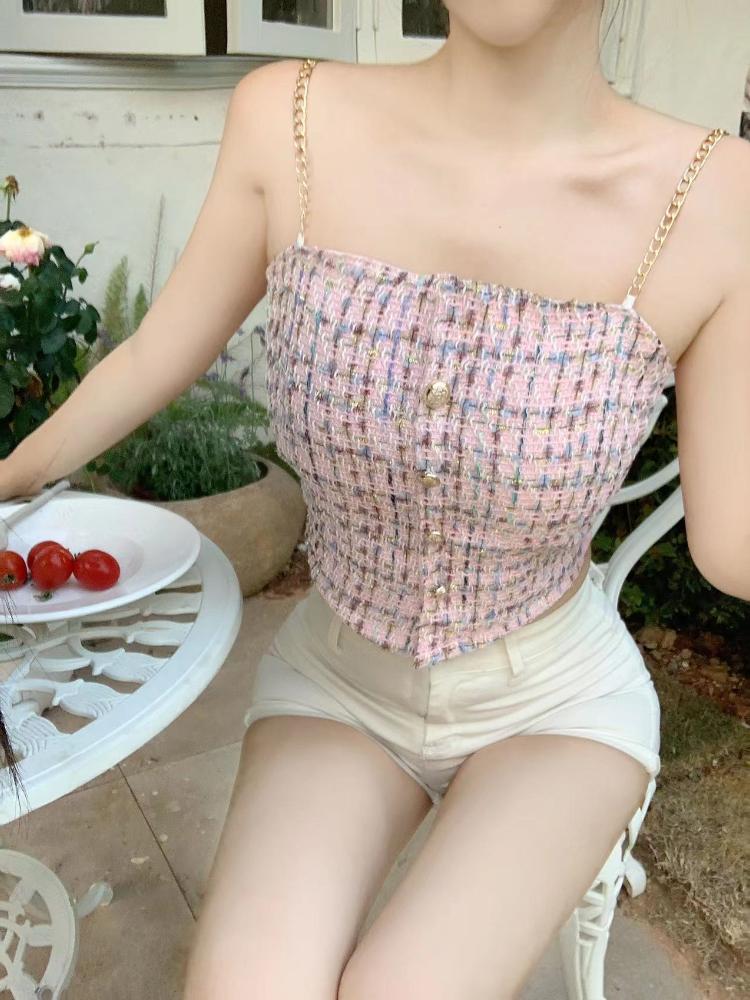 Plaid Tank Top Solid Metal Chain Halter Crop Tops Women Summer Camis Backless Camisole Fashion Casual Tube Female Sleeveless Cropped Vest Y2K