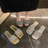 Fashion Open-toed One-word Slippers 2024 Summer New Flat-bottomed Not Tired Feet Rhinestone Beach Slippers Women's Wear