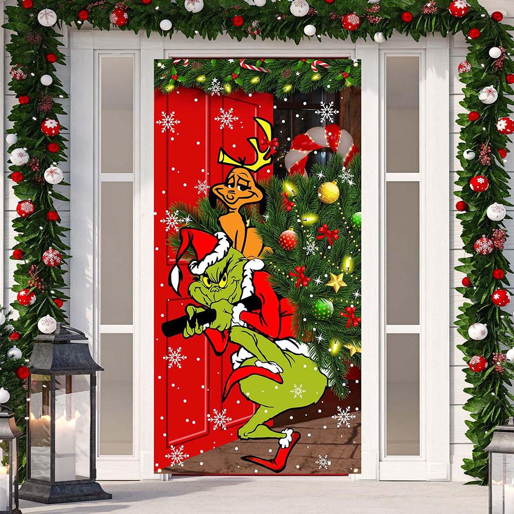 Merry Christmas Grinch Christmas Door Cover Decorations Banner Grinch Green Backdrop