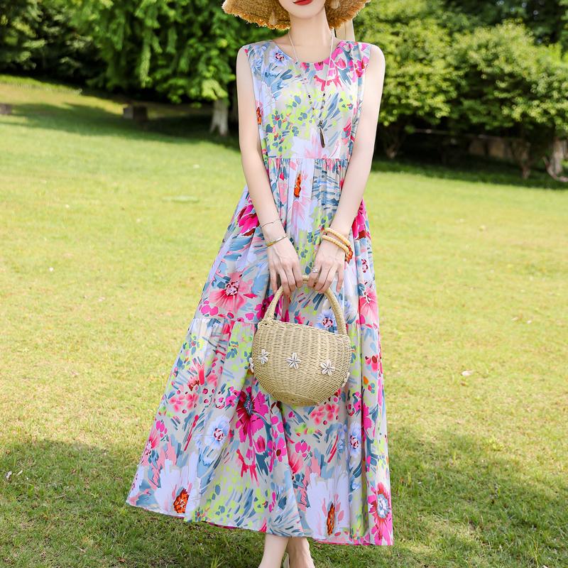 Элегантное женское платье без рукавов больших размеров с коротким рукавом и винтажным принтом, длинное платье, летняя повседневная женская одежда среднего возраста