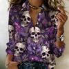 Women Satin Long Sleeve Shirt Halloween Skull Floral Print Blouse Lapel Single Breasted Loose Office Tops