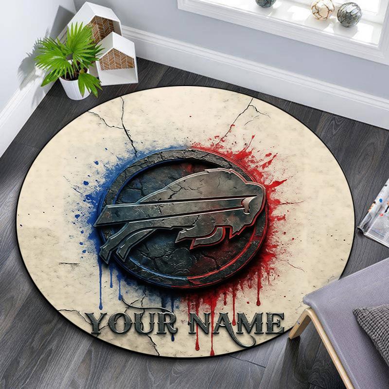Custom Name Buffalo Bills Round Area Rug,Carpet Rug for Living Room Bedroom Sofa Playroom Decor,Non-slip Floor Mat