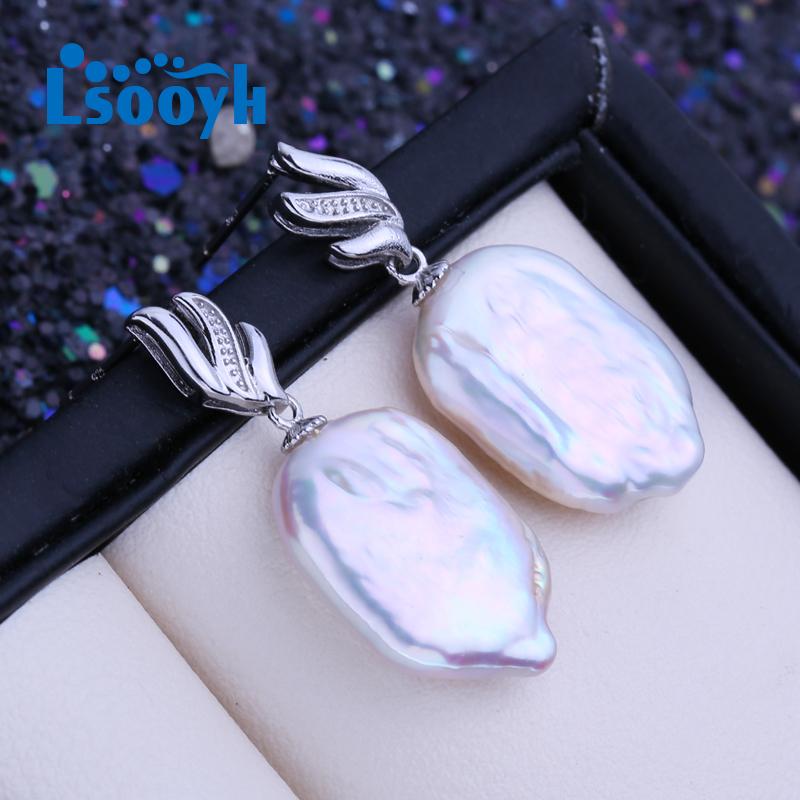 LSOOYH натуральный пресноводный белый большой барочный жемчуг серьги для женщин модные серебряные серьги-капли свадебные украшения