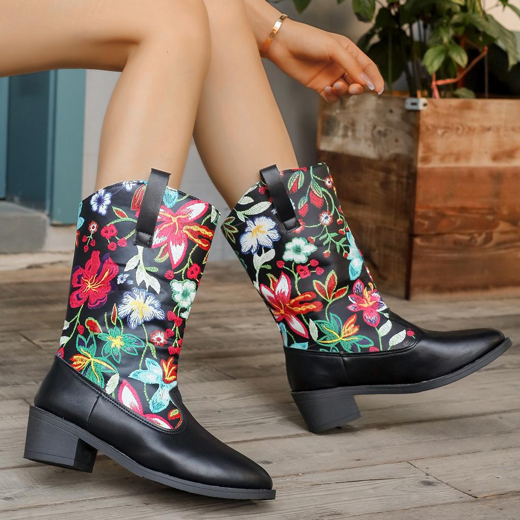 Women Boots Autumn Winter New Styles Fashion Shoes for Women Sweet Embroidery Flower Square Heel Boots Women Zapatos De Mujer