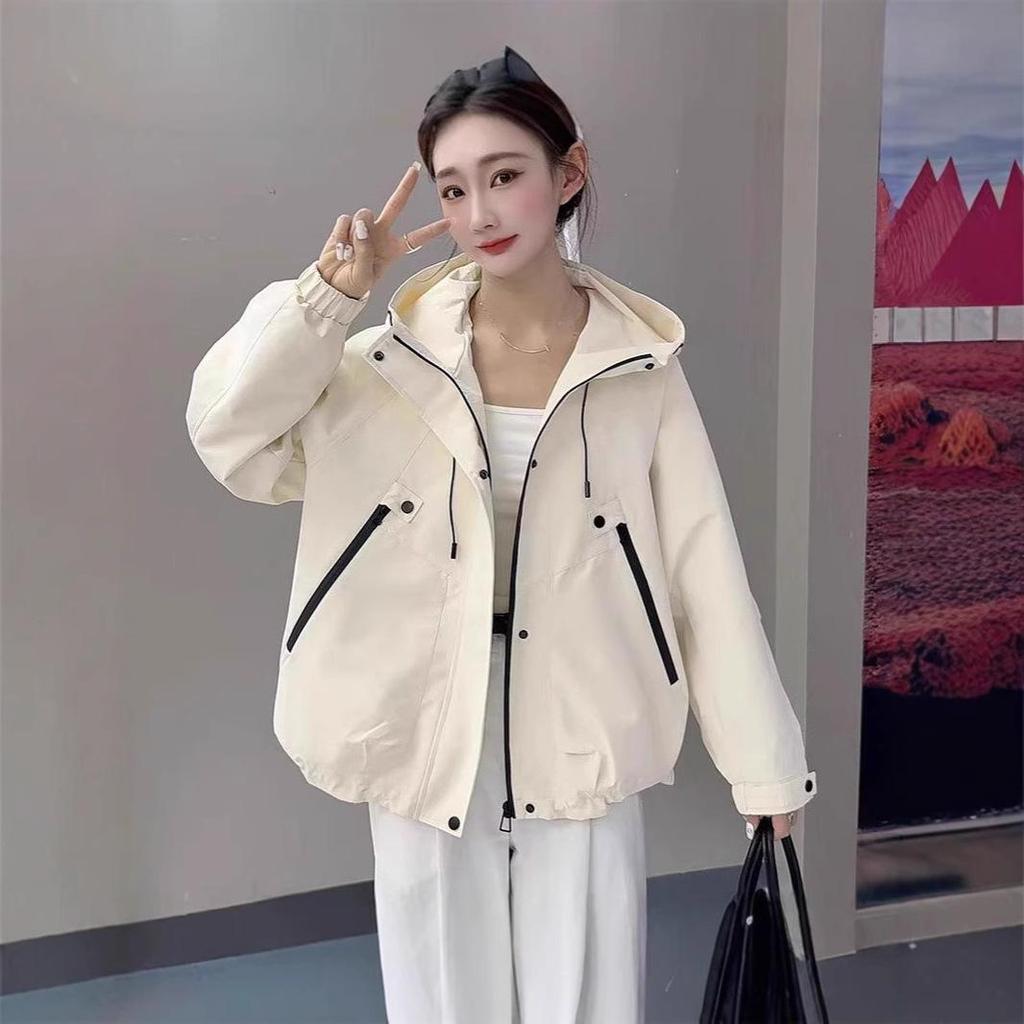 Женская куртка-ветровка с капюшоном свободного кроя - Универсальный корейский стиль, короткий дизайн на кулиске для весны и осени