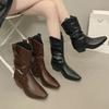 2025 осень и зима новые полусапоги толстый каблук острый носок ковбойские сапоги в британском ретро-стиле рыцарские сапоги