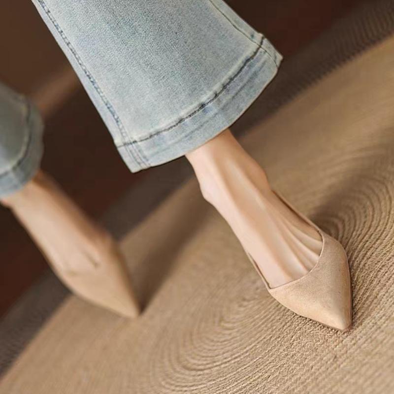 2025 Ручная работа Натуральная замша Низкий каблук Заостренный носок Туфли для платья Женские Элегантные туфли-лодочки Повседневная обувь Туфли на плоской подошве
