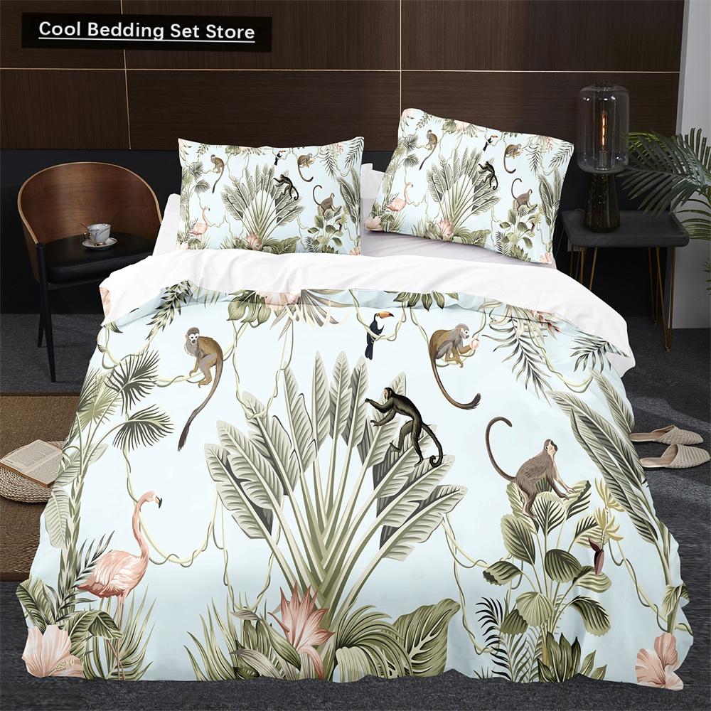 Пододеяльник с обезьяной King Queen, милый комплект постельного белья с изображением животных из мультфильмов для детей, мальчиков и девочек, зеленый, с изображением деревьев джунглей, 2/3 шт., полиэстер, пододеяльник