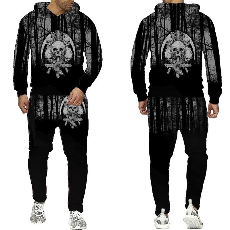 Мужской спортивный костюм, осенне-зимняя толстовка с капюшоном + брюки, комплект из двух предметов, крутой 3D принт черепа, мужские модные толстовки, кофты, костюмы