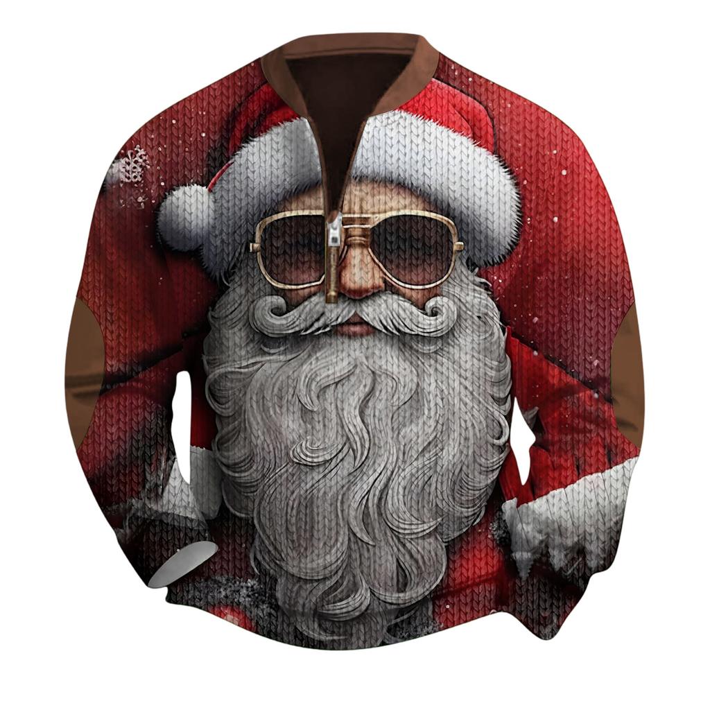 Mens Christmas Sweater Zip Up Sweatshirts Vintage Knit Graphic Sweatshirt Xmas Stand Collar Pullover