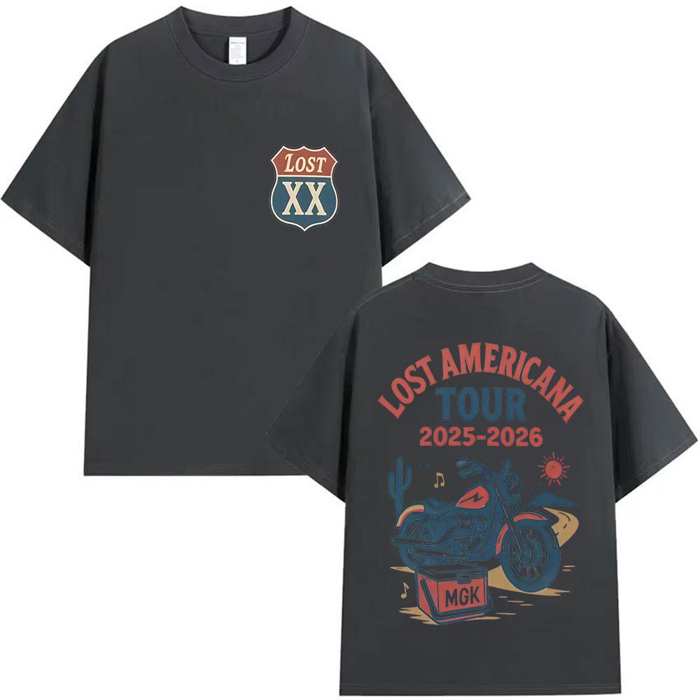 Рэпер MGK Lost XX Americana Tour 2025-2026 Мужские и женские футболки с принтом, Винтажные хлопковые футболки, Уличная одежда высокого качества
